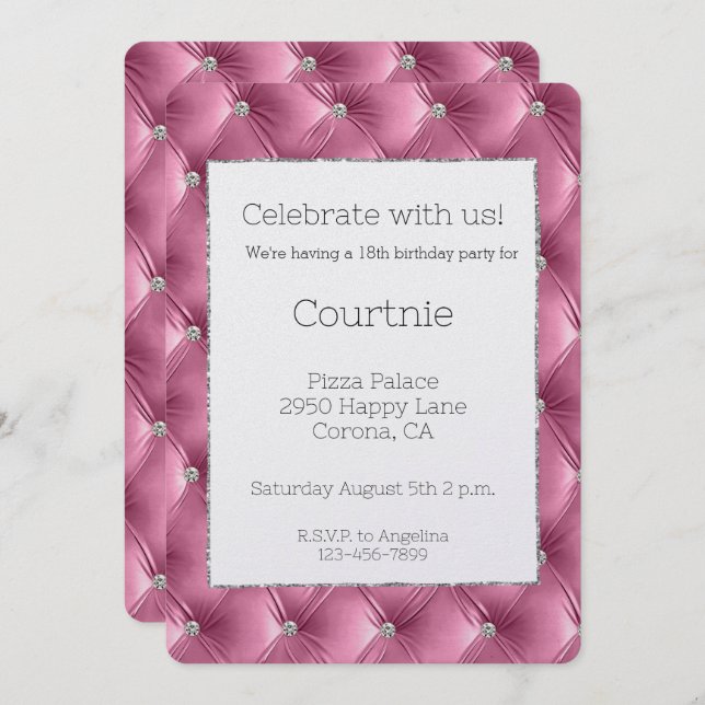 Glitzy Glam Pink Silver Faux Velvet Birthday  Invitation (Front/Back)