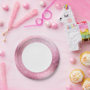 Glitzy Glam Pink Sparkle Sweet 16 Birthday Paper Plate