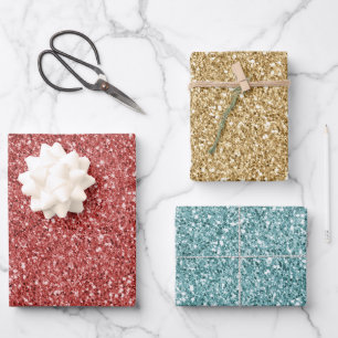Glitzy Glam Red Gold Green Glitter   Wrapping Paper Sheet