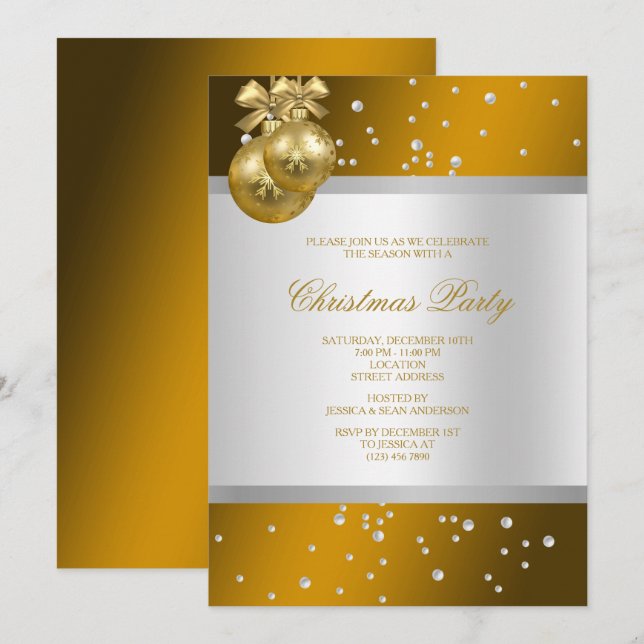 Glitzy Gold Baubles & Pearls Christmas Invitation (Front/Back)