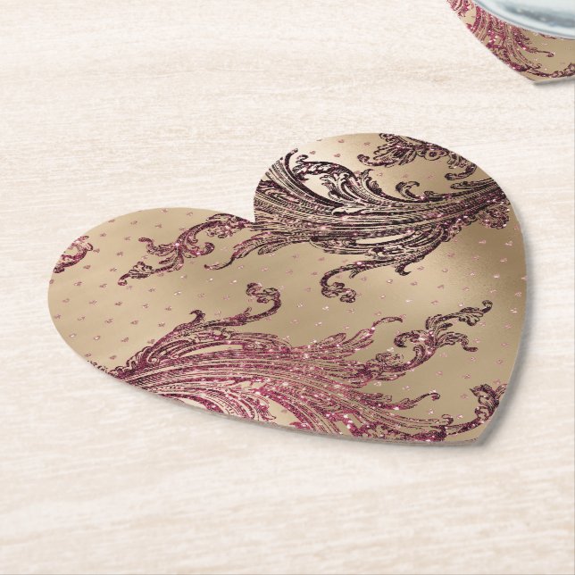 Glitzy Gold Glam Burgundy Hearts Bridal Shower Paper Coaster (Angled)