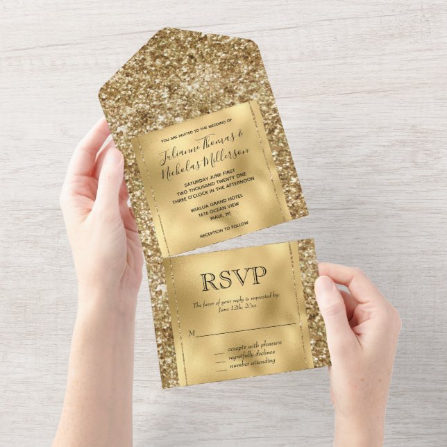 Glitzy Gold Glam Glitter All In One Invitation (Tearaway)