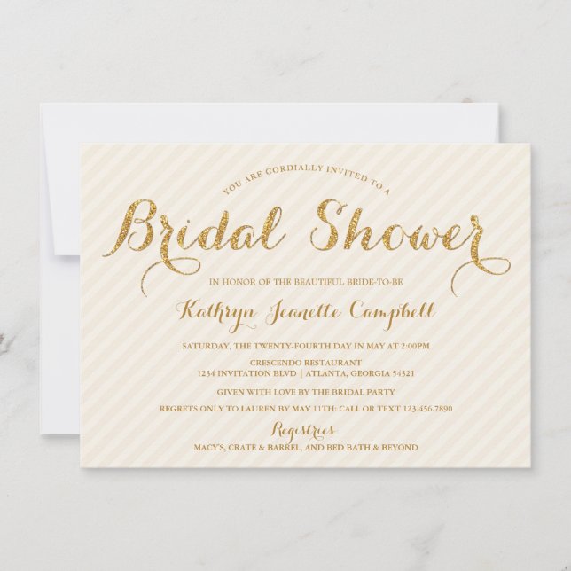Glitzy Gold Glitter Bridal Shower Invite - Ivory (Front)