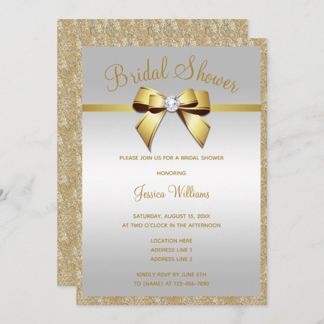 Glitzy Gold Glitters & Gem Bow Bridal Shower Invitation (Front/Back)