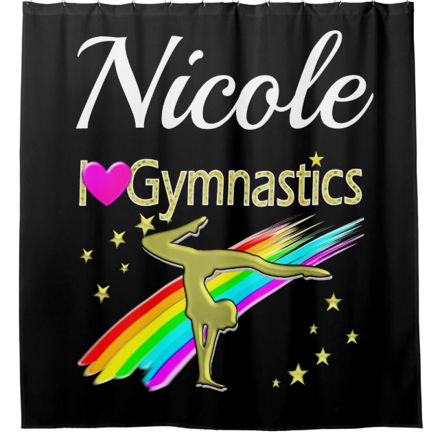 GLITZY GOLD I LOVE GYMNASTICS CUSTOMIZED DESIGN SHOWER CURTAIN (Front)