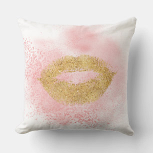 Glitzy Gold Lips Pink Confetti Kiss Cushion
