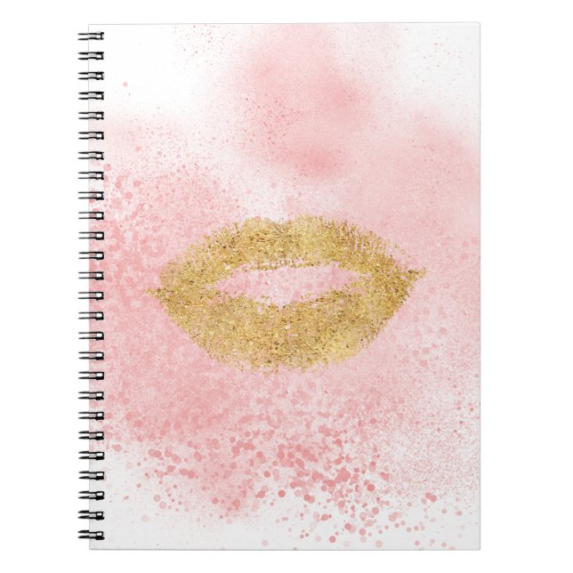 Glitzy Gold Lips Pink Confetti Kiss Spiral Notebook (Front)