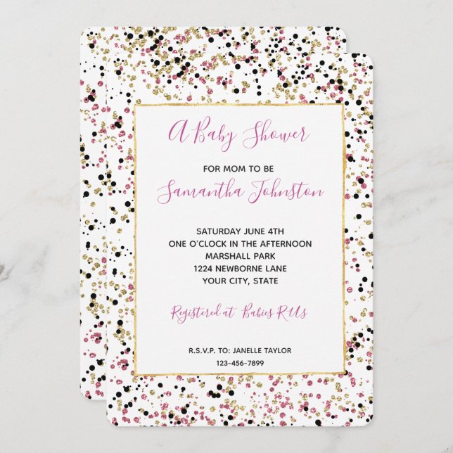 Glitzy Gold Pink Black Confetti Dots Baby Shower Invitation (Front/Back)