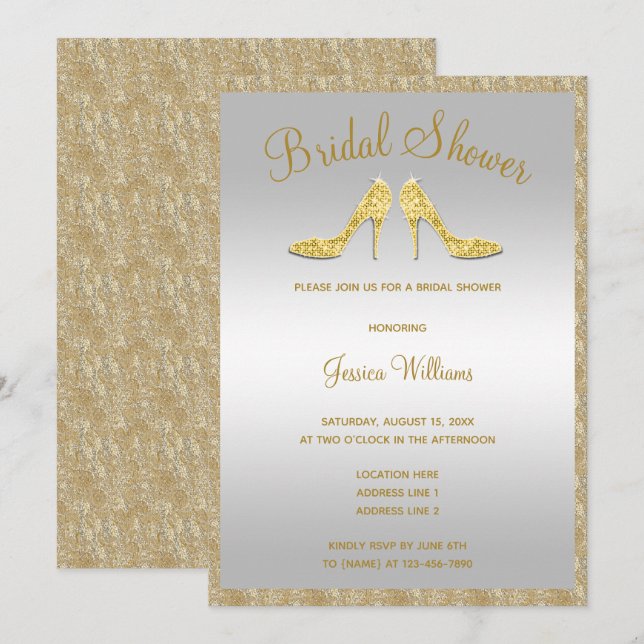 Glitzy Gold Sequins & Stilettos Bridal Shower Invitation (Front/Back)