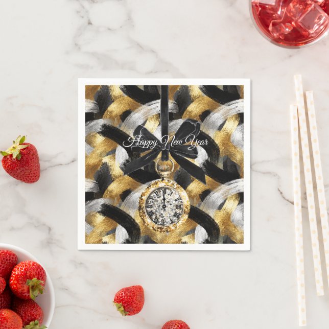 Glitzy Gold Silver Black New Year's Midnight  Napkin (Insitu)
