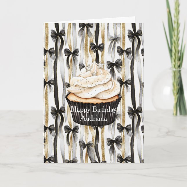 Glitzy Gold Silver Black Ribbons Bows Birthday Card (Front)