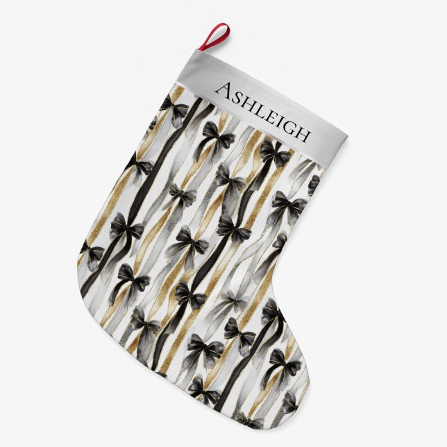 Glitzy Gold Silver Black Ribbons Bows Christmas Large Christmas Stocking (Front (Hanging))