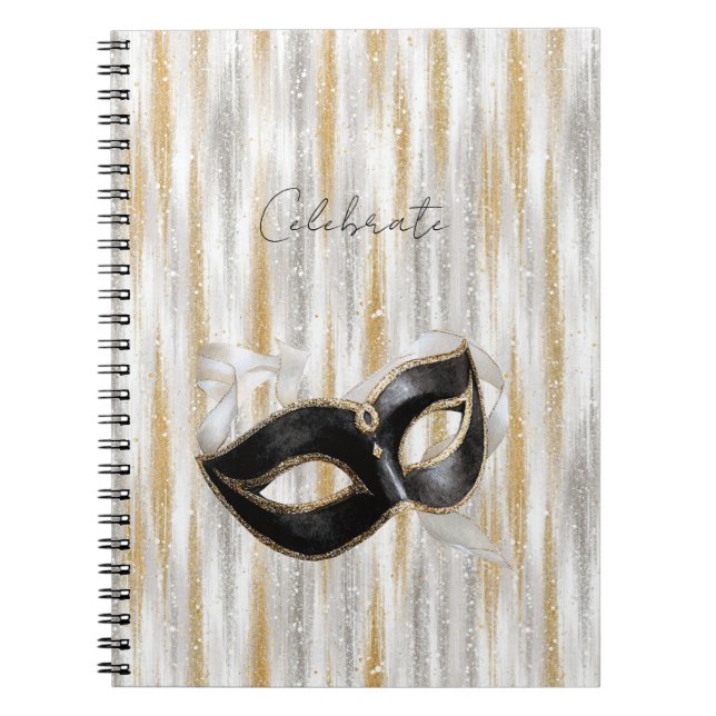 Glitzy Gold Silver Celebrate Mask Notebook (Front)