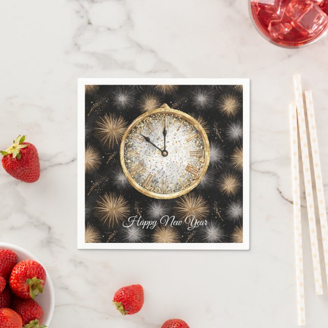Glitzy Gold Silver Fireworks New Year's Clock Napkin (Insitu)