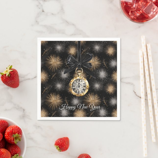 Glitzy Gold Silver Fireworks New Year's Midnight  Napkin (Insitu)