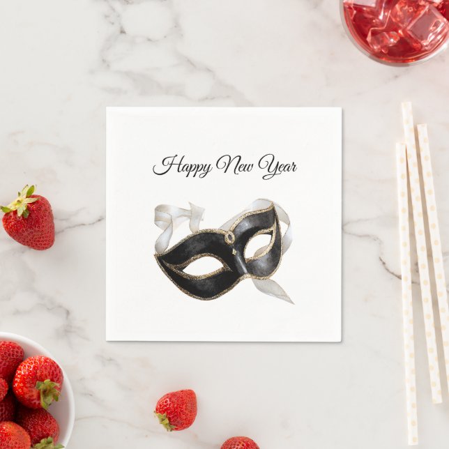 Glitzy Gold Silver New Year Black Mask Napkin (Insitu)