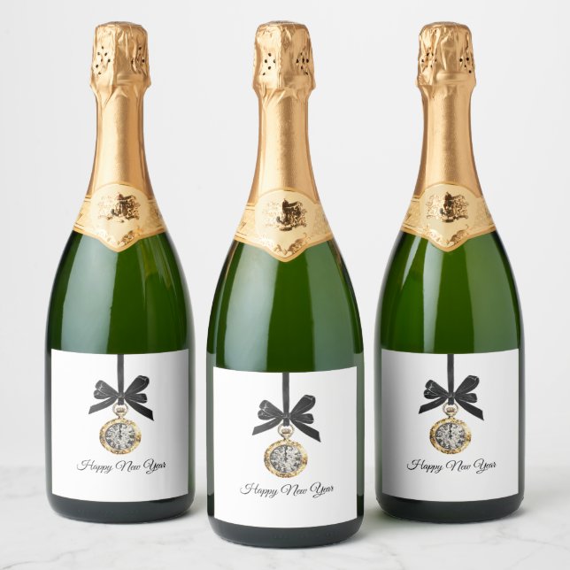 Glitzy Gold Silver New Year Midnight Hour   Sparkling Wine Label (Bottles)