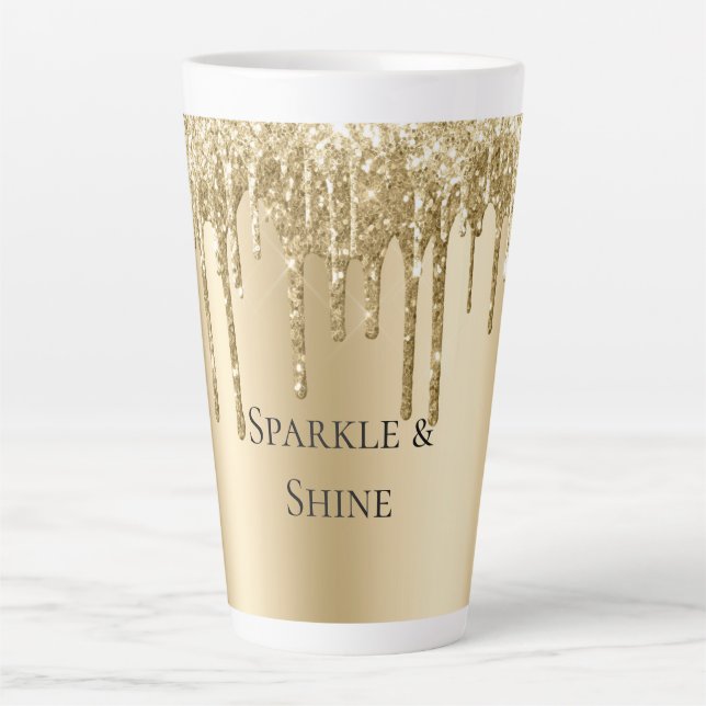 Glitzy Gold Sparkle Glitter Drips Birthday Latte Mug (Front)