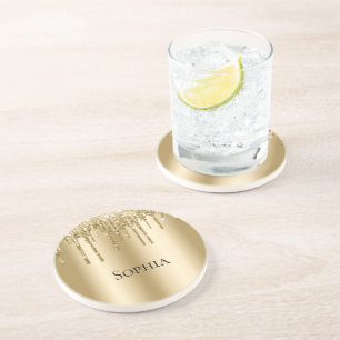 Glitzy Gold Sparkle Glitter Drips  Coaster