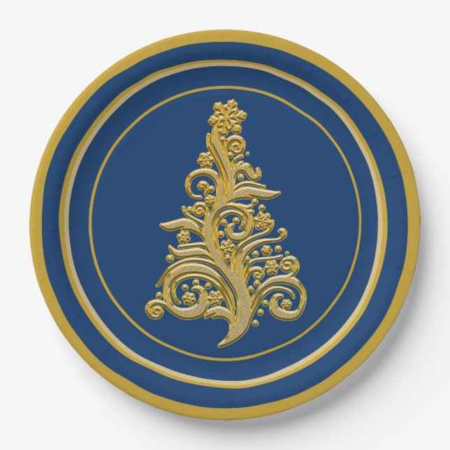 Glitzy Gold Tree with Blue Background Holiday Paper Plate (Front)