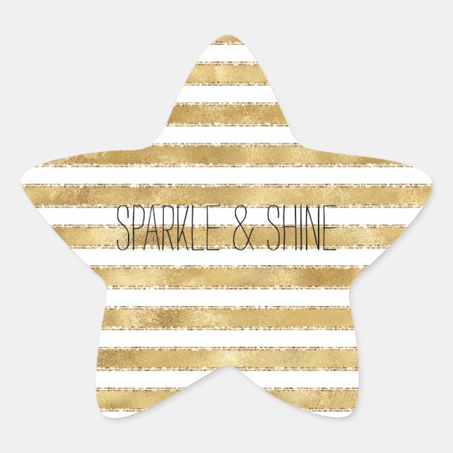 Glitzy Gold White Glam Glitter Stripes    Star Sticker (Front)