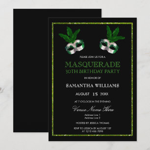 Glitzy Green Glitters Masquerade 30th Birthday Invitation