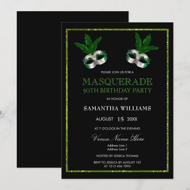 Glitzy Green Glitters Masquerade 50th Birthday Invitation (Front/Back)