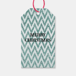Glitzy Green White Chevron Stripes Christmas Gift Tags
