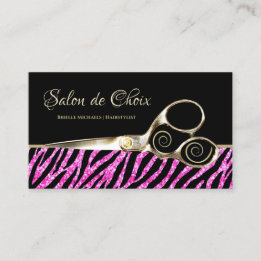 Glitzy Hot Pink Zebra Print Gold Scissors Salon Business Card