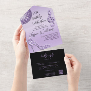Glitzy Lilac & Black 30th Birthday QR Code All In One Invitation