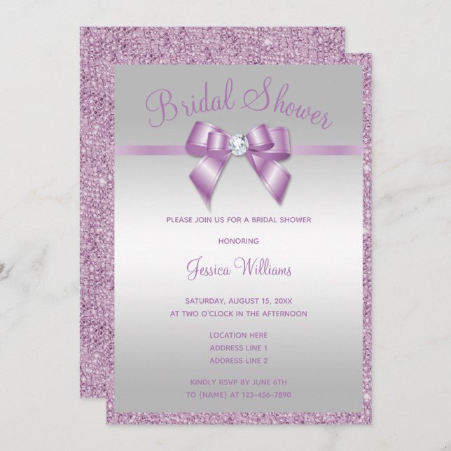 Glitzy Lilac Sequins & Gem Bow Bridal Shower Invitation (Front/Back)