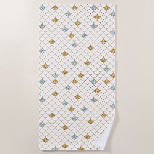 Glitzy Mermaid Blue Gold Sparkle Glitter Beach Towel (Front)