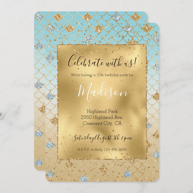 Glitzy Mermaid Blue Gold Sparkle Glitter Ombre   Invitation (Front/Back)