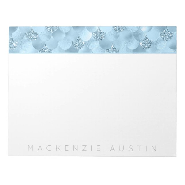 Glitzy Mermaid Scales | Ice Blue Sparkle Monogram Notepad (Front)