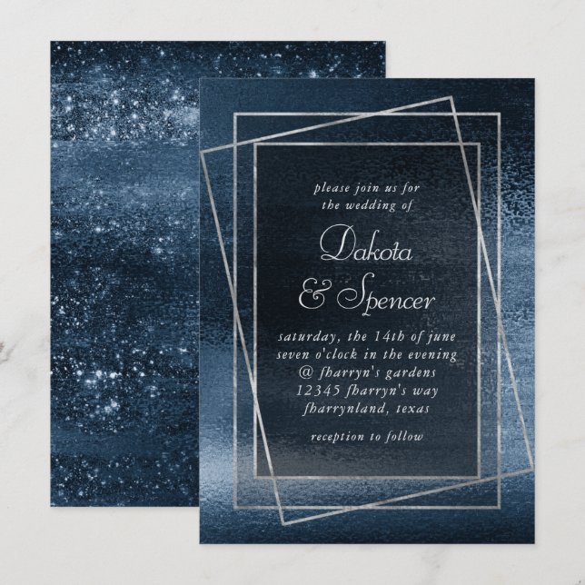 Glitzy Minimalism | Navy Blue Faux Glitter Wedding Invitation (Front/Back)