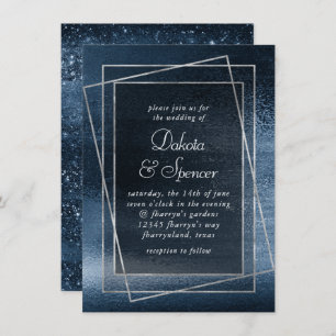 Glitzy Minimalism   Navy Blue Faux Glitter Wedding Invitation