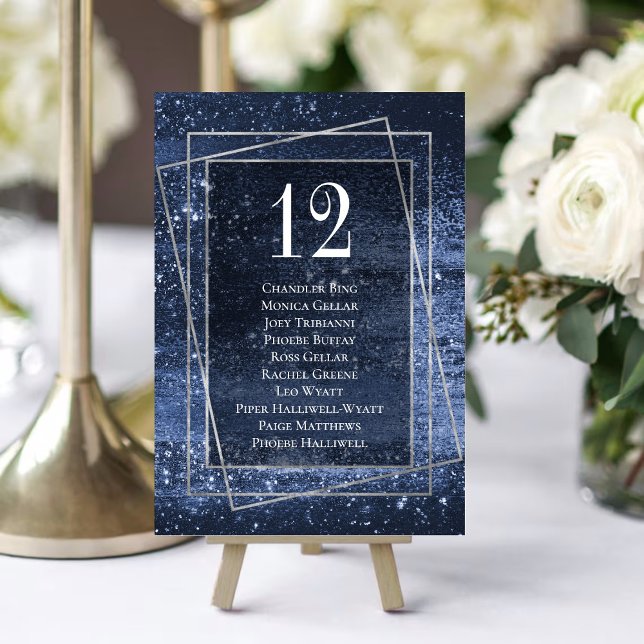 Glitzy Minimalism | Navy Blue Sparkle Guest Names Table Number (Creator Uploaded)
