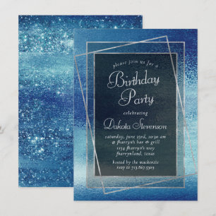 Glitzy Minimalist Iridescent Blue Birthday Party Invitation