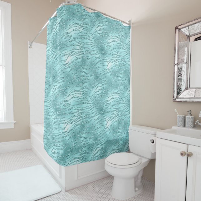 Glitzy Mint Zebra Print Shower Curtain (In Situ)