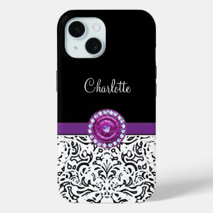Glitzy Monogram Trendy Rhinestone Damask iPhone 15 Case
