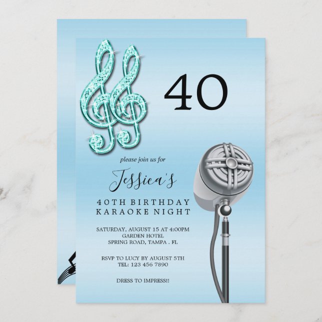 Glitzy Music Note & Microphone Karaoke Birthday In Invitation (Front/Back)