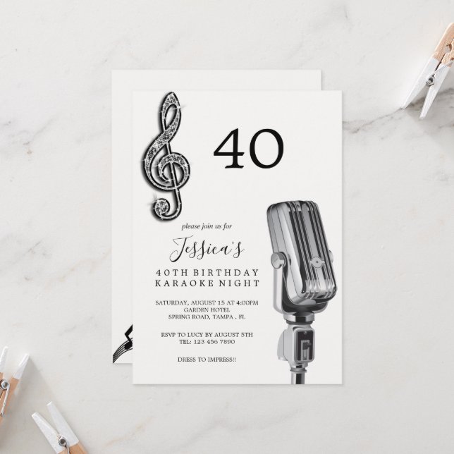 Glitzy Music Note & Microphone Karaoke Birthday Invitation (Front/Back In Situ)
