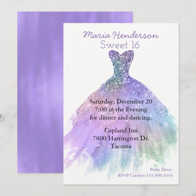 Glitzy Party Dress Sweet 16 Birthday Invitation (Front/Back)