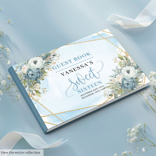 Glitzy Pastel Blue White Gold Flowers Sweet 16th Guest Book