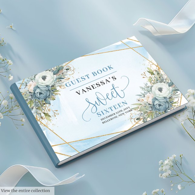 Glitzy Pastel Blue White Gold Flowers Sweet 16th Guest Book (Glitzy Pastel Blue White Gold Flowers Sweet Sixteen Guest Book)