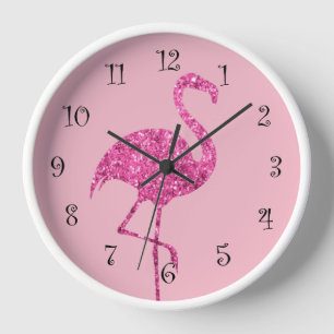 Glitzy Pink Flamingo Waol Decor Clock