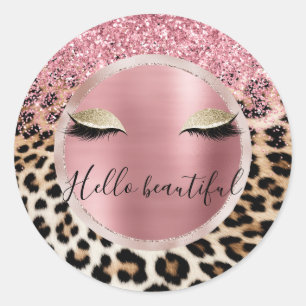 Glitzy Pink Glitter Gold Eyelashes Leopard     Classic Round Sticker