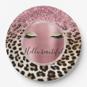 Glitzy Pink Glitter Gold Eyelashes Leopard     Paper Plate