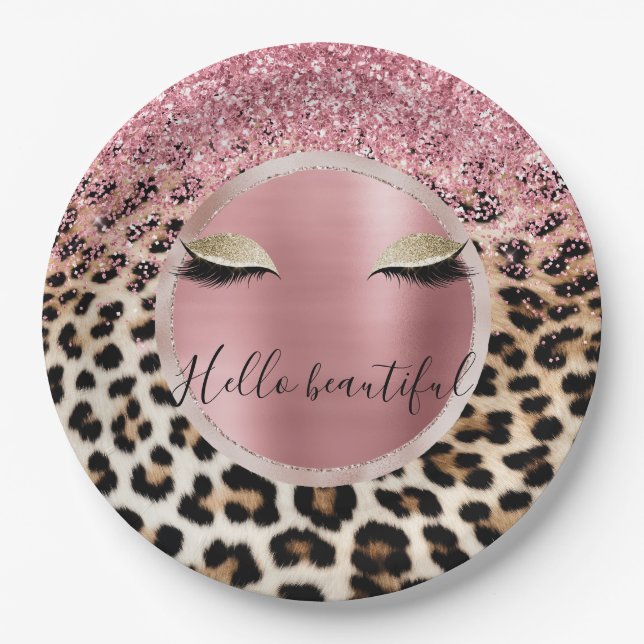 Glitzy Pink Glitter Gold Eyelashes Leopard     Paper Plate (Front)
