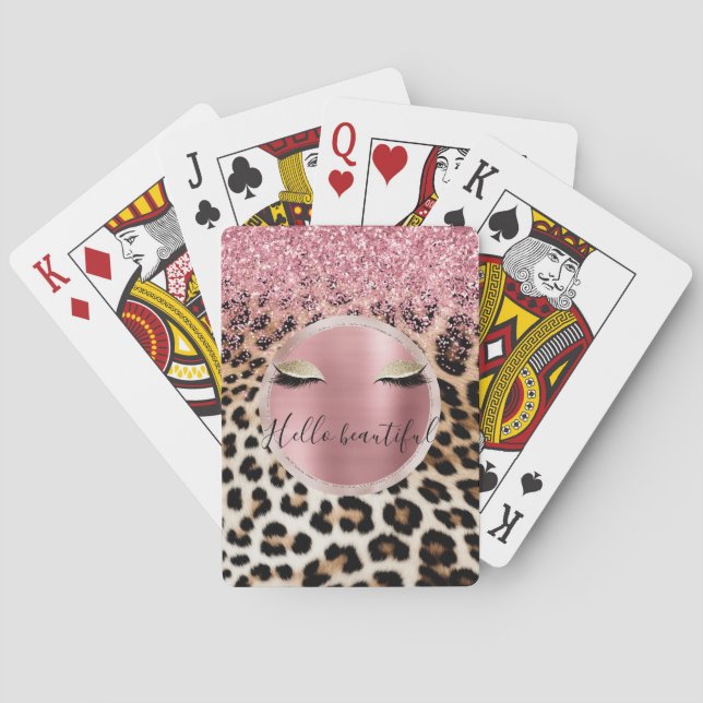 Glitzy Pink Glitter Gold Eyelashes Leopard     Playing Cards (Back)